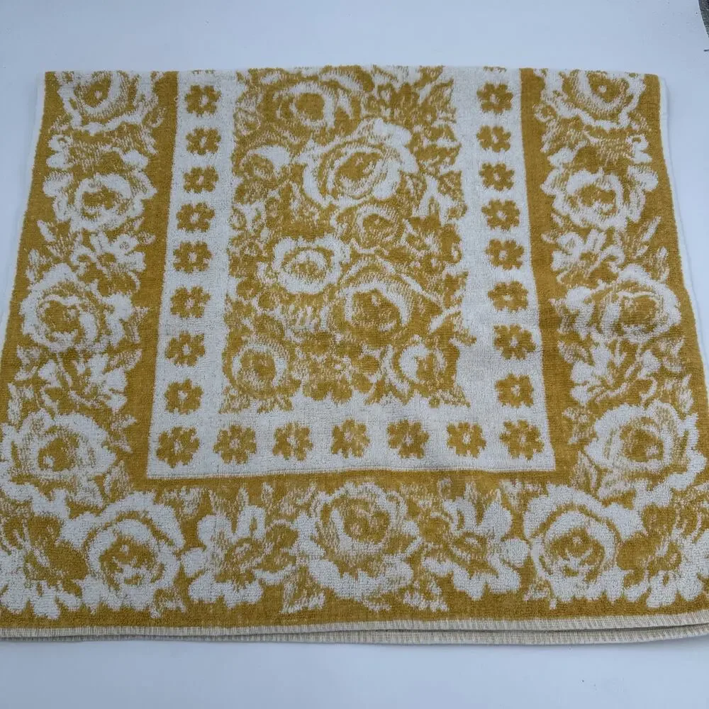 Vintage St Marys Bath Towel Gold White MCM Retro Floral USA